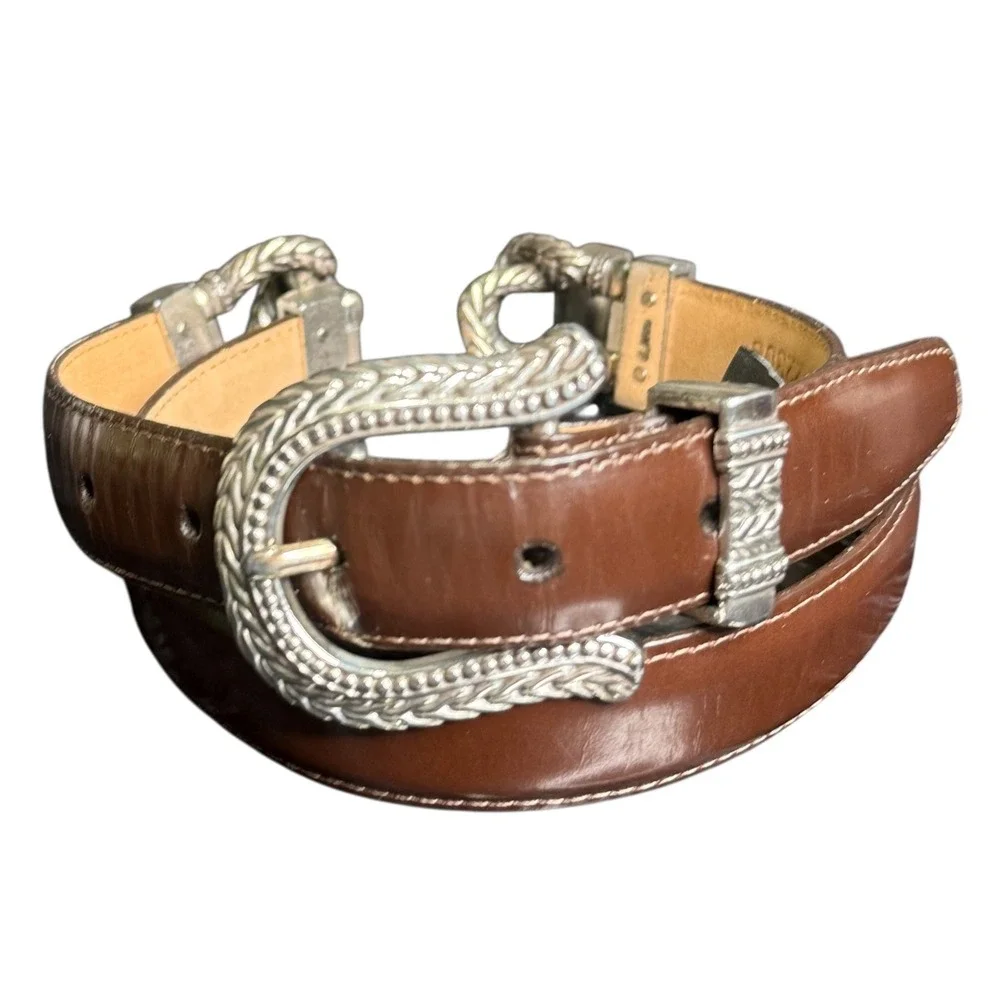 Brighton Brown Leather Belt Silver‎ Detailed Buckle Womens Size M 22309
